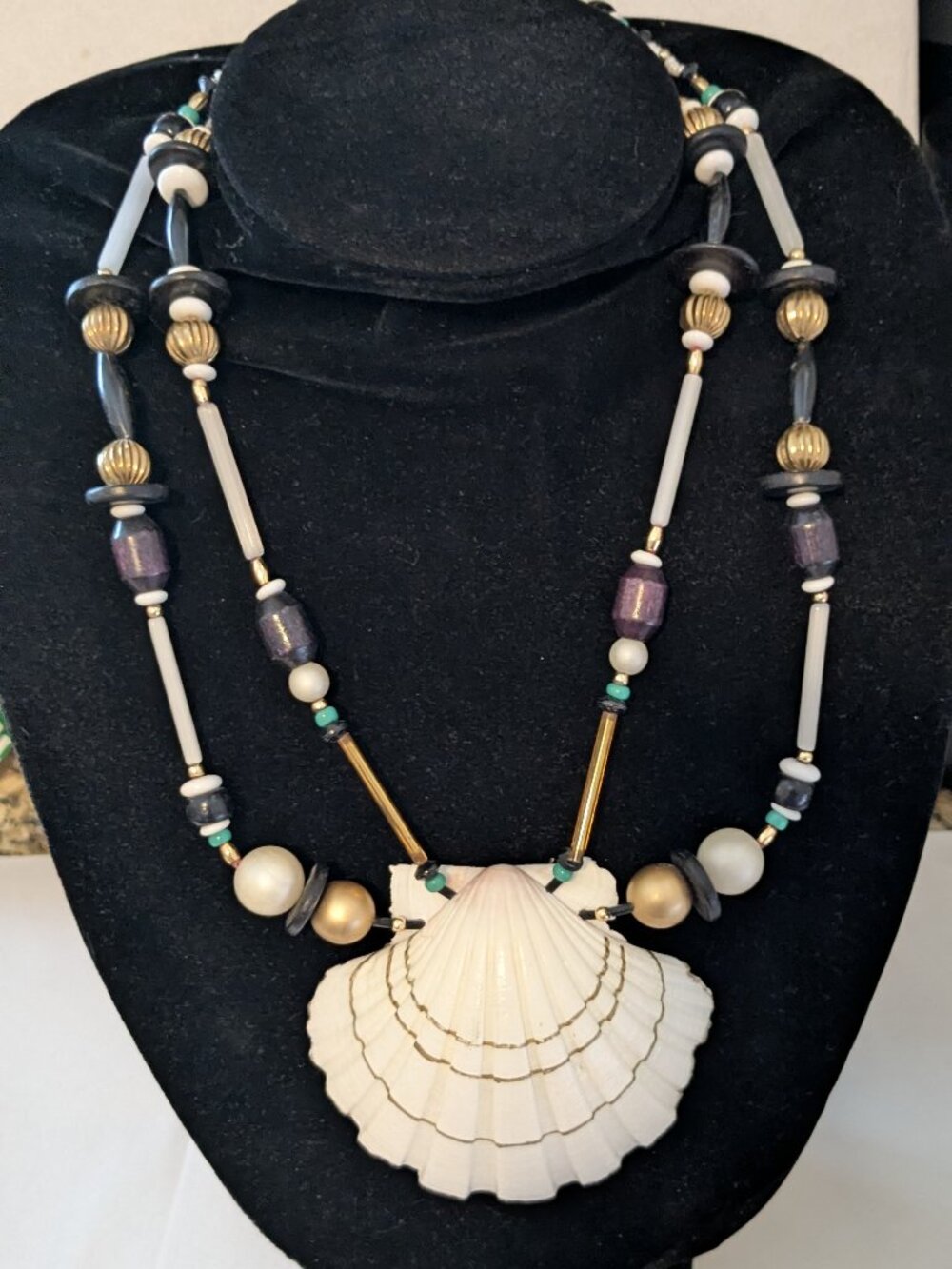 Vintage Beachy Genuine Scallop Shell Beaded Dual Strand Statement Necklace